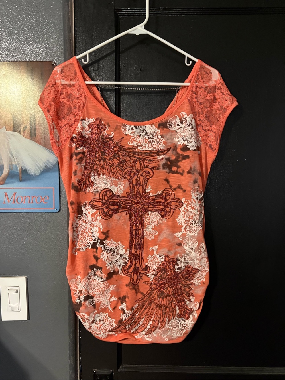 Coral Lace-Sleeve Cross & Wings Women's Top Y2K